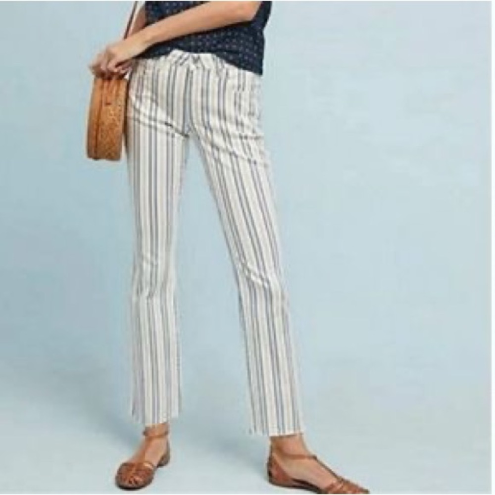 Anthropologie High-Rise Striped Crop Jeans — White with Navy & Tan Stripes